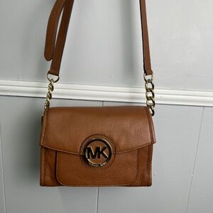 Michael Kors Margo Brown Leather Gold Chain Messenger Crossbody Bag